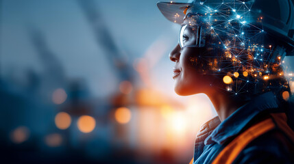 Fototapeta premium Double exposure of faceless construction engineers and workers with modern equipment and civil engineering technology on an urban site conveying industrial innovation