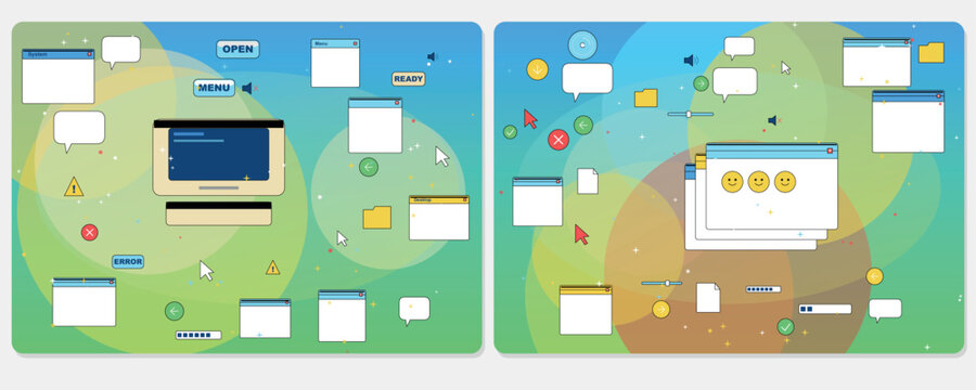 Retro computer UI elements vector, Y2K aesthetic pastel interface kit, dialog windows, chat bubbles, buttons and icons. Nostalgic digital sticker style, Retro pastel UI kit vector illustration.
