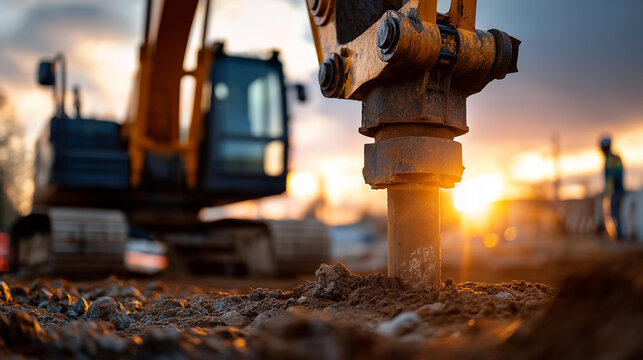 Excavator pile driver performing earthworks at a construction site to install foundation piles for heavy civil engineering machinery operations