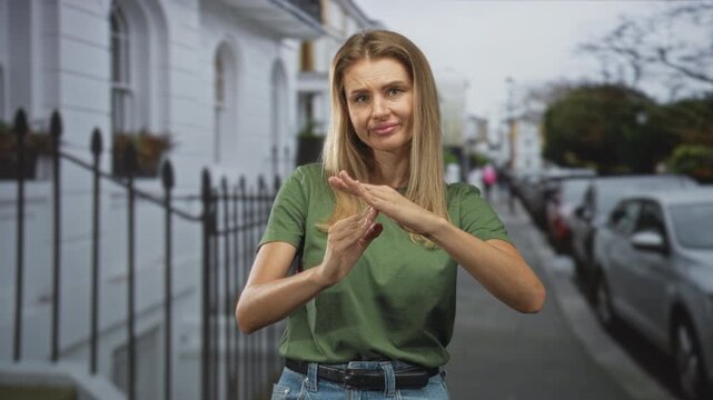 Blonde woman in green tee crossing hands in a stop gesture on a residential street with white row houses and parked cars; rejection boundary.