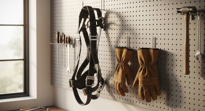 Industrial safety harness and leather work gloves hanging on a white pegboard near a window in a clean workspace.