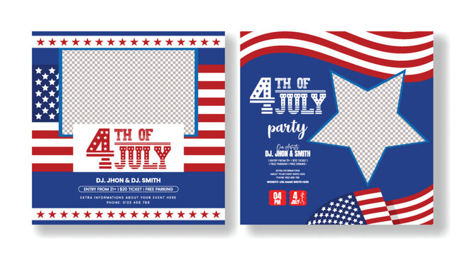 4th of july party celebration dj party announcement social media posts, square poster flyer design template with american flag elements and space for dj artists details