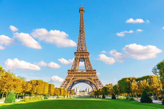 Famous Eiffel Tower of Paris, beautiful view from Field of Mars, France