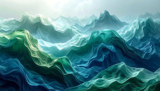 An abstract ocean rendered with flowing, translucent layers of blues and greens, creating a soft, ethereal landscape of waves