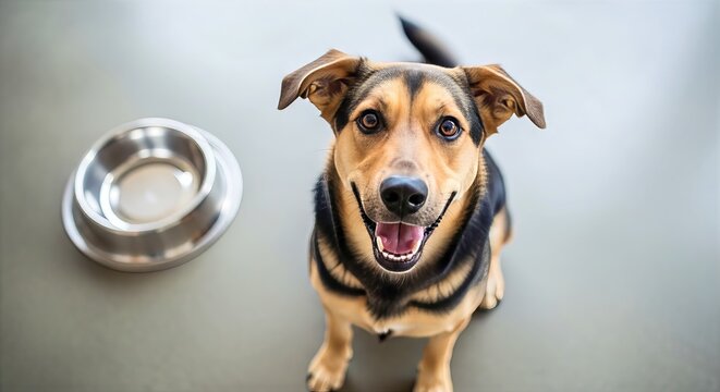A happy rescued dog with an eager expression looks up, patiently anticipating its nourishing meal by an empty food bowl