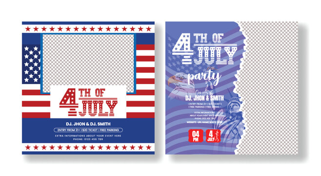 Fourth of july independence day celebration social media post, square poster flyer design with american flag eagle, statue of liberty elements perfect for event promotion and advertising invitations