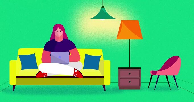 Woman one on sofa sitting yoga pose laptop greenbox. Cartoon animation of businesswoman smiling working. Business explainer flat design people serie female position with computer work scene video.