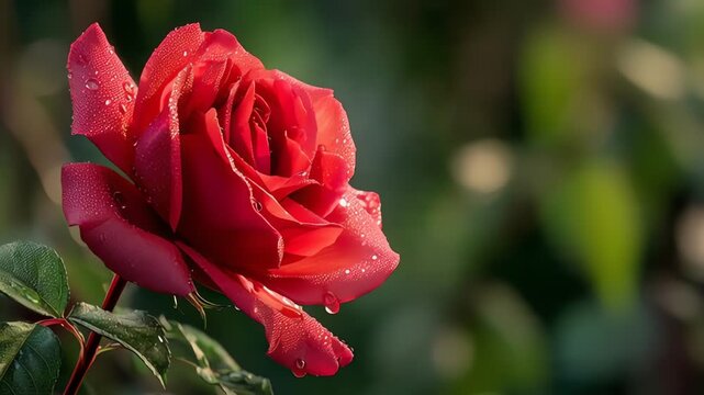 close up of vibrant red rose with green leaves and water droplets in natural light