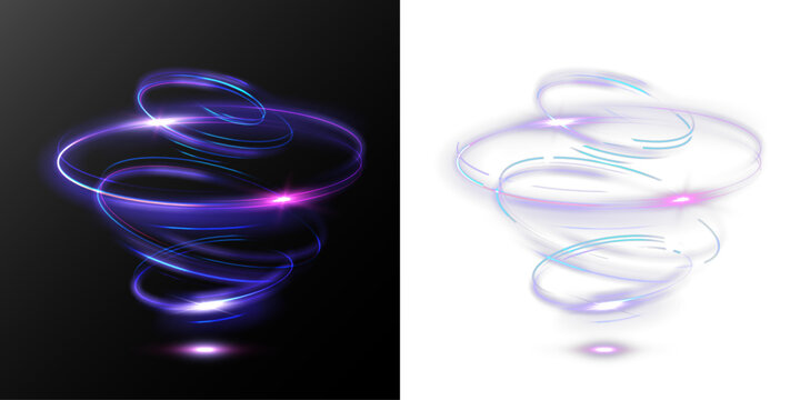 Neon Spiral Vortex Light Trails Blue Purple Glowing Energy Swirl Futuristic Effect Isolated on Transparent Background
