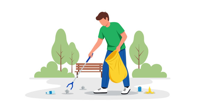 Man cleaning park with garbage picker and yellow bag