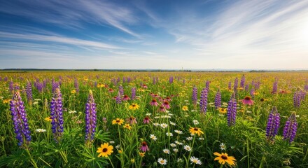 Fototapeta premium Vibrant Meadow Blooming with Wildflowers Under a Blue Sky