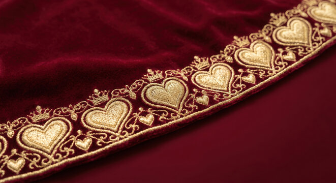 Close-up of gold heart embroidery with crowns on a luxury red velvet fabric.