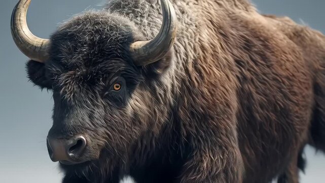 powerful brown bison running closeup with horns and fur texture on neutral background