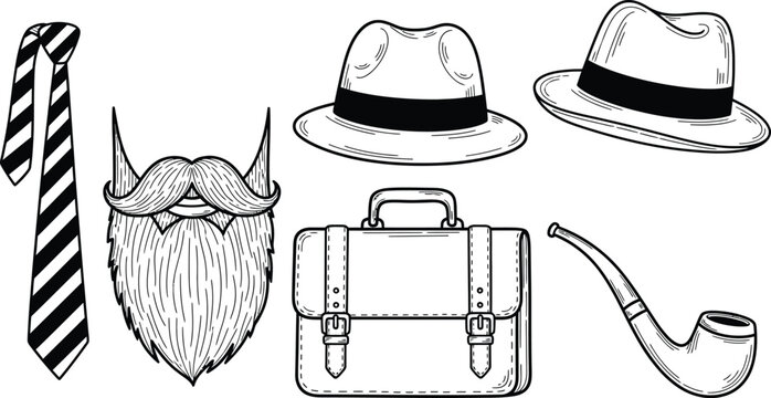 Fathers day icon set vintage dad accessories hats tie beard more