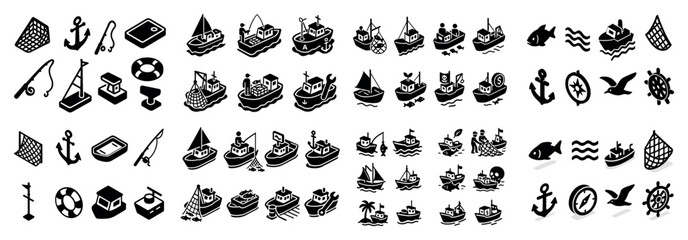 Obraz premium Nautical icon set: boats, anchors, and marine symbols