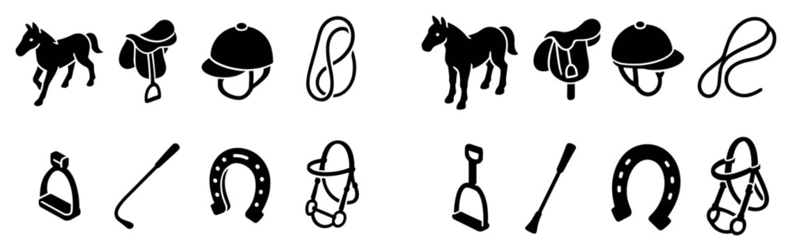 Equestrian icons with horse saddle and helmet outline