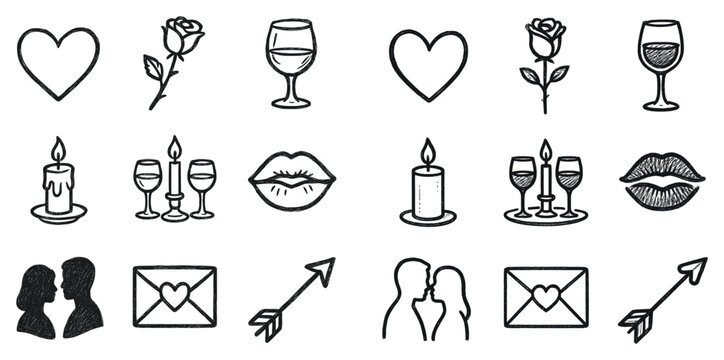 Romance icons with heart rose wine sketch