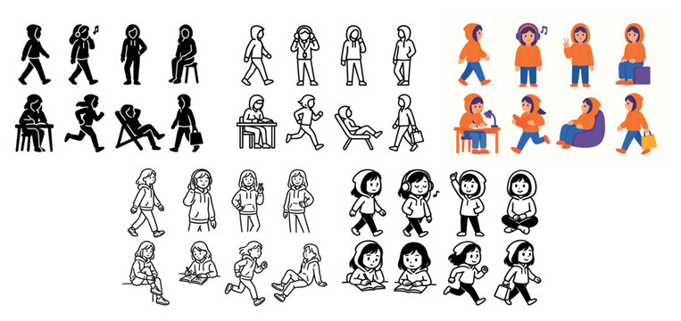 Diverse cartoon figures in hoodie outfits