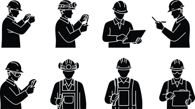 Construction workers and engineers silhouettes set with helmets, tools, tablet, clipboard, inspection, mining, industrial safety vector icons