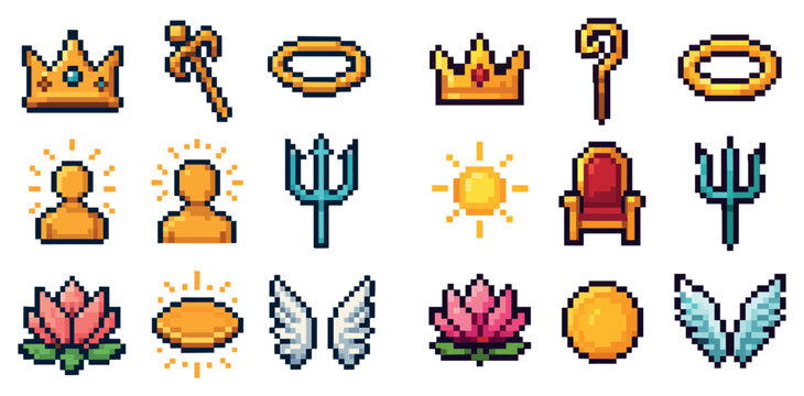 Fantasy icons with crown trident wings pixel