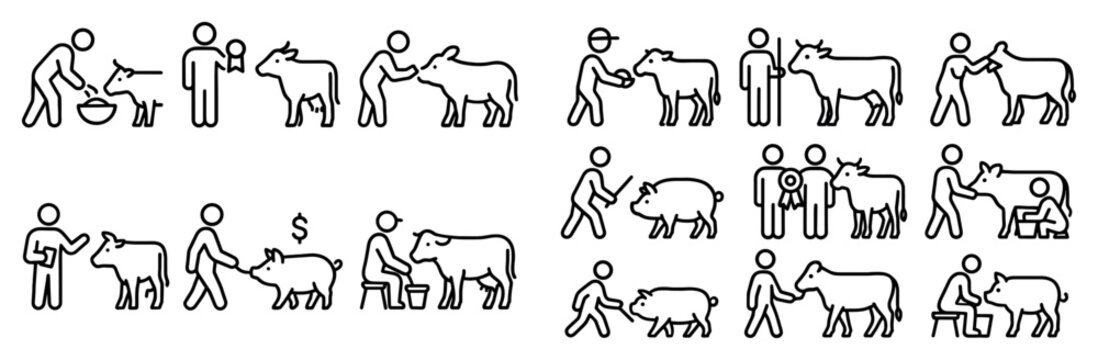 Farm icons with farmer cow pig outline