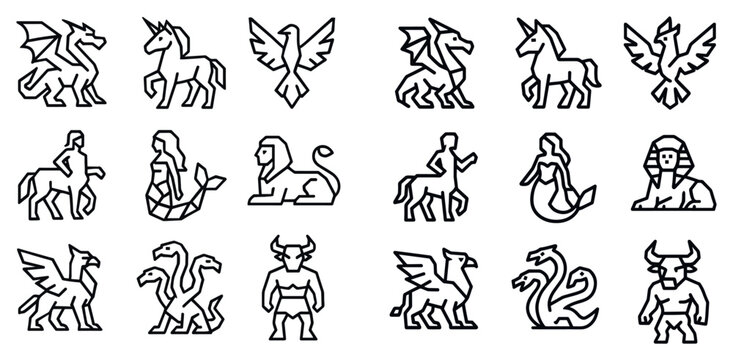 Fantasy icons with dragon unicorn phoenix outline