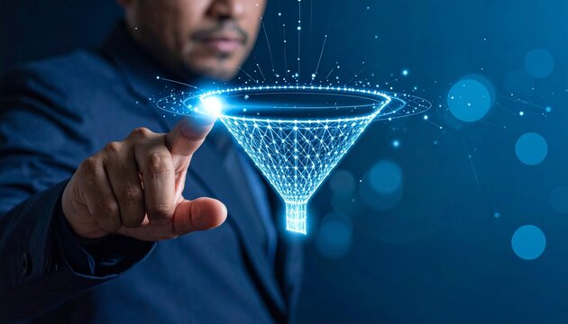 Man interacting with digital funnel showing business transformation with data and information flow blue background technology concept.