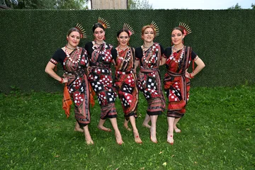 Fototapete Tanzschule Five female dancers in colorful costumes dancing Indian dances in the park  © Шамиль Алиев