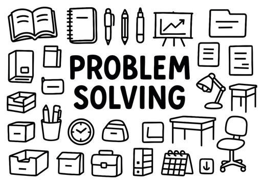 Problem solving icons with book desk and clock hand drawn