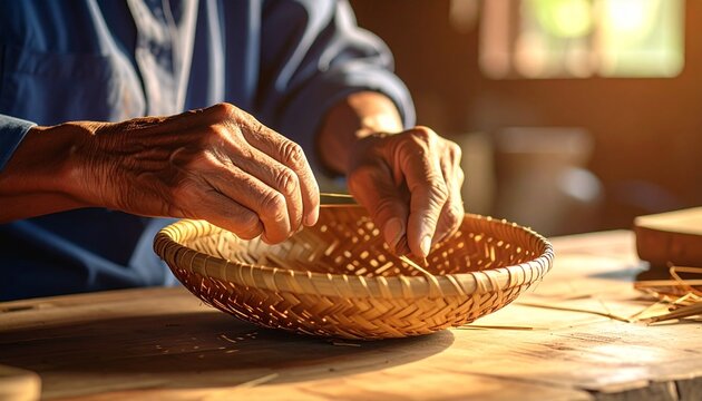 Hands weaving a traditional basket a display of craftsmanship skill and cultural heritage.