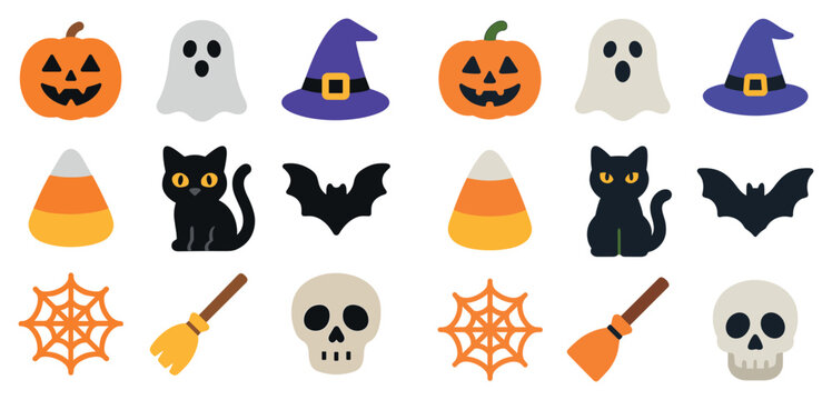 Halloween icons with pumpkin ghost witch hat playful