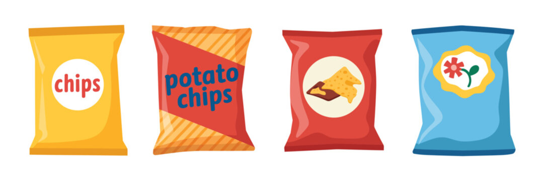 Set of colorful potato chips cartoon vector illustration, snack variety with flavored chips and dipping sauces