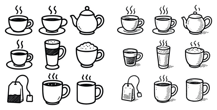 Beverage icons with cup teapot mug handdrawn