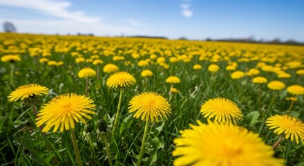 Obraz premium Field of Bright Yellow Dandelions in Spring Sunlight