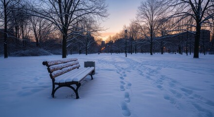 Naklejka premium Snow Covered Park Bench and Footprints at Dusk