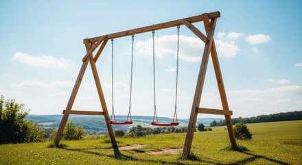 Fototapeta premium Wooden Swing Set in Sunny Meadow Landscape