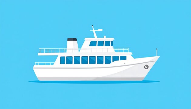 A white ferry illustration with rectangular windows, railing, and mast against a vibrant blue background, conveying travel