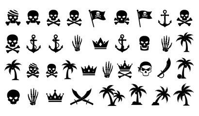 Pirate Icon Set with Skull, Crossbones, Anchor, Sword, Crown and Palm Tree Symbols for Adventure Design, Sea Theme Graphics and Treasure Illustration © MSTROTNA