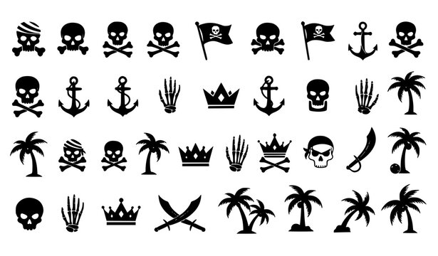 Pirate Icon Set with Skull, Crossbones, Anchor, Sword, Crown and Palm Tree Symbols for Adventure Design, Sea Theme Graphics and Treasure Illustration