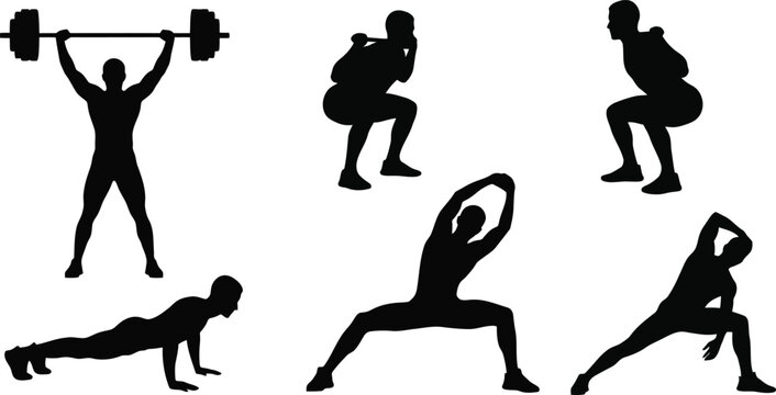 Fitness workout silhouettes set showing weightlifting squats push ups stretching and strength training exercises isolated vector illustration