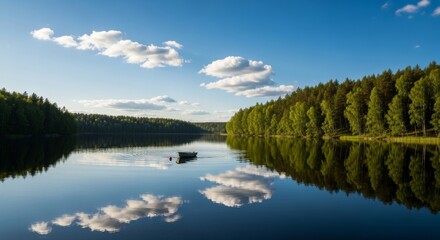 Obraz premium Serene Summer Lake Reflecting Deep Blue Sky and Clouds