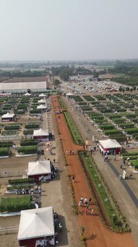 Kisan expo Raipur aerial view, Agriculture fair Chhattisgarh India, Farming exhibition Raipur drone view, Rural agri expo India event stock video.