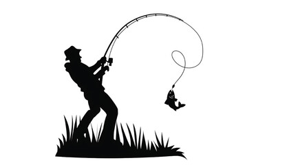 Fisherman silhouette fishing with buoy and line holding a large balloon-like fishing float featuring fish, hook, angler with angling and catch © Diego