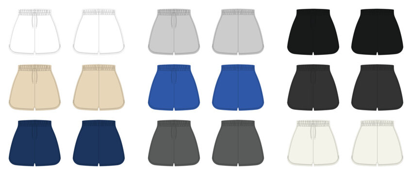 Dolphin shorts with elastic waistband and drawstring, front and back view technical flat sketch vector mockup template for apparel design and tech packs.