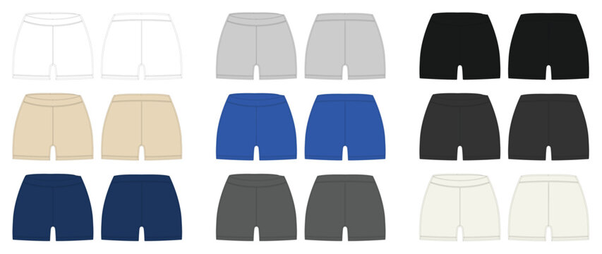 High-waisted boy shorts front and back view blank technical sketch mockup. Vector template for activewear tech packs, fashion illustration, and custom apparel design.
