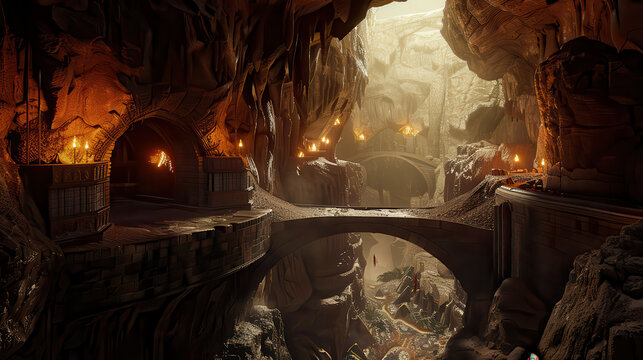 Mysterious cavern with bridges and glowing torches in a fantasy setting during the daytime