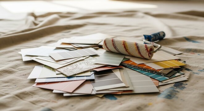 A messy pile of colorful paint swatches and color samples lying on a drop cloth next to a paint roller.
