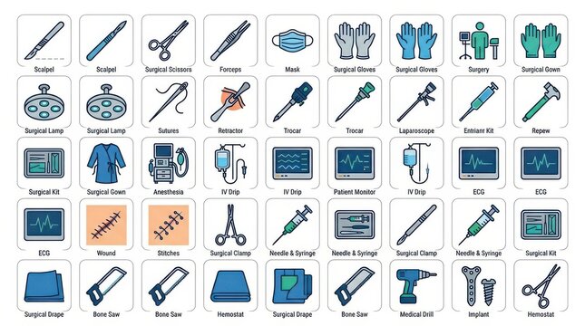 Specialized surgical tools and operating room monitoring equipment labeled icon collection