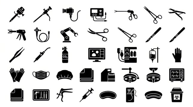 Advanced surgical and medical technology icons set with operating room equipment and devices