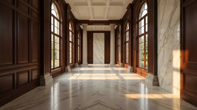 Grand Architectural Lobby: Elegant Marble Hallway Entrance for Luxury Corporate Background